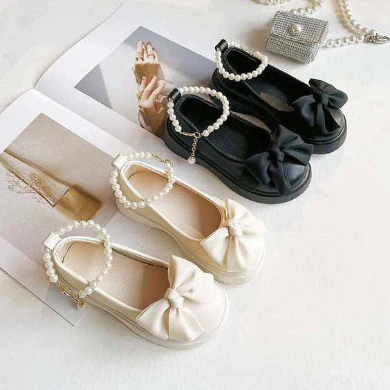 Girls Leather Flats Pearls Ankle Strap Shoes